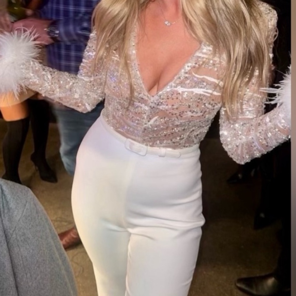 Nadine Merabi Jumpsuit Alexa jumpsuit with feather sleeves